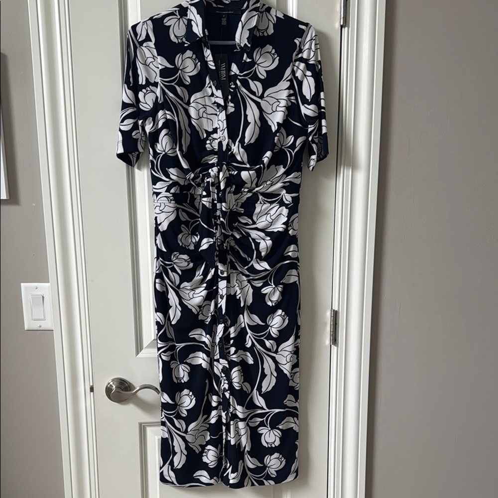 White House Black Market Blue and White Ruched Wrap Midi Dress